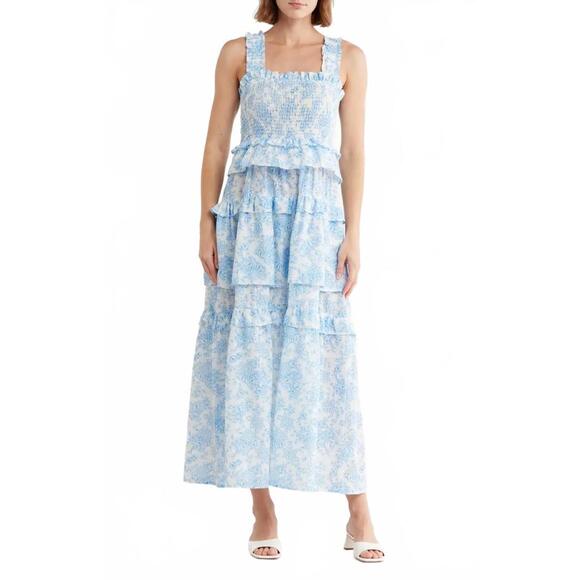 Maisie 100% Cotton Floral Smocked Ruffle Cotton Maxi Dress Blue White NWT XS - Picture 1 of 8
